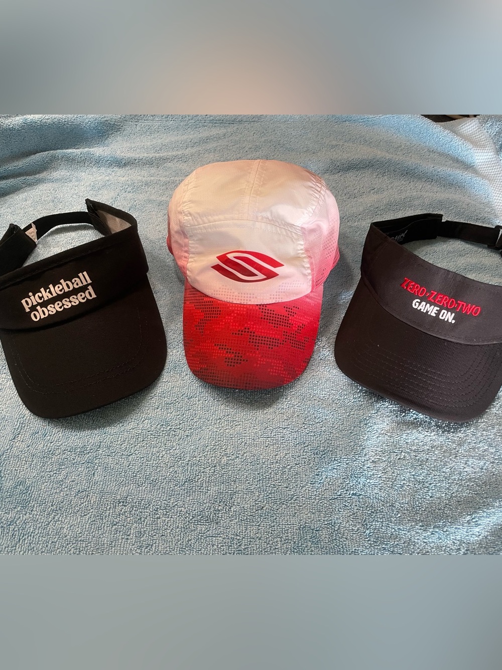 Three Pickleball Hat and Visors. Selkirk Hat and Two Black Visors